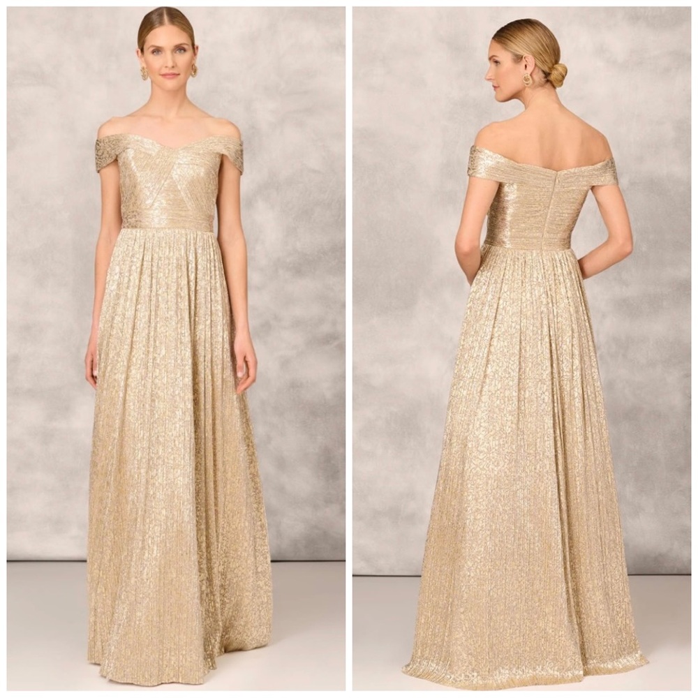 BNWT Aidan Mattox • Gold Off-Shoulder Formal Floor-Length Dress